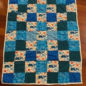Adorable Baby Child Whale Nautical Blue 34" x 42" Cotton Blend Handmade Quilt